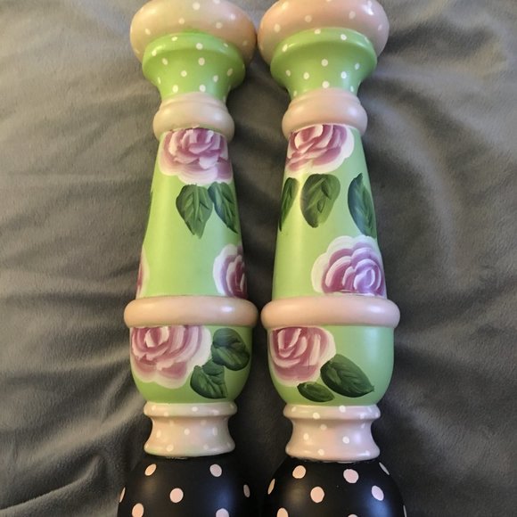 SHABBY CHIC Painted Wood Candlesticks in Pink Green Floral Dots - Picture 1 of 9